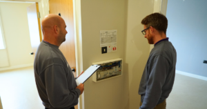 Electrician looking at fuse board